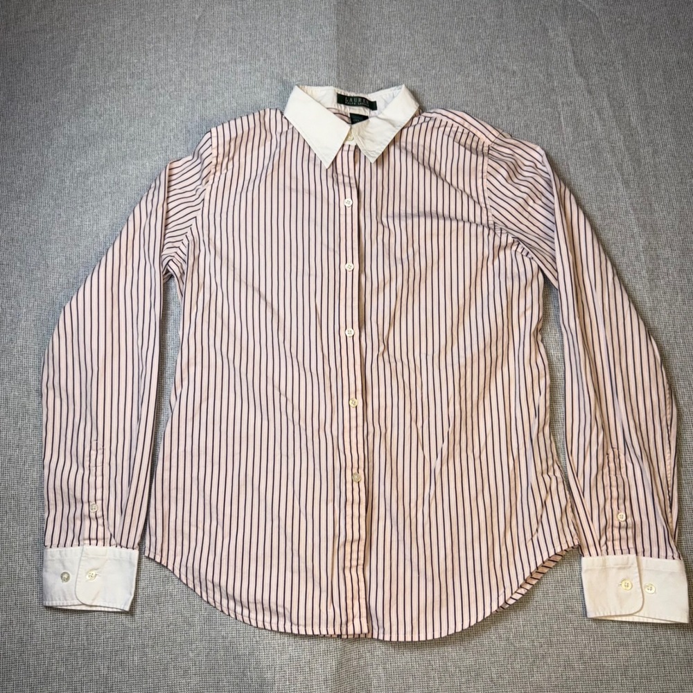 Lauren Ralph Lauren Pink Striped Button Down Shirt White Collar Cuffs M